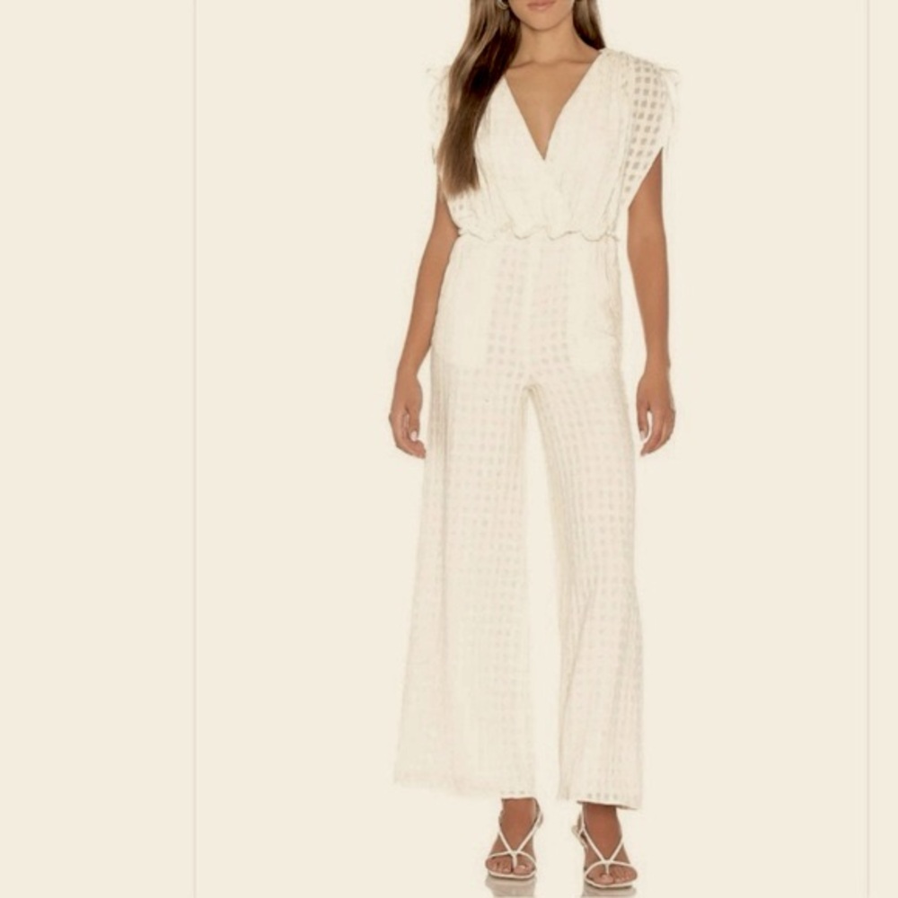 TULAROSA Linen Check Olea Jumpsuit Cream
